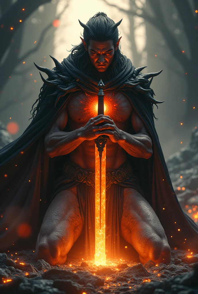 Melchior kneeling, with the moon sword stuck in his chest. Light shining from the sword, volcanic scales falling, revealing his human form. Eyes from red to brown, expression of sadness and regret. ao redor, shadows dissipating as light triumphs.