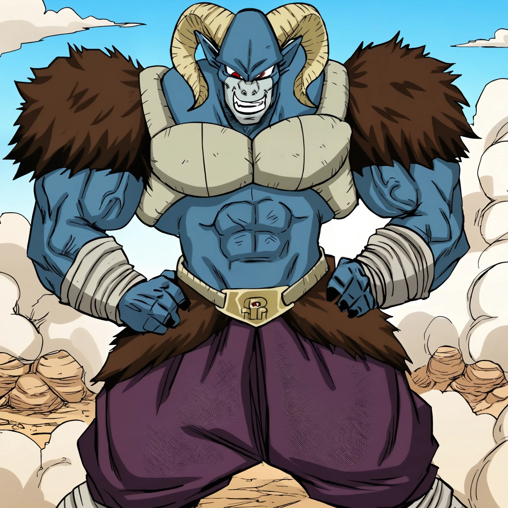 score_9, score_8_up, score_7_up BREAK dbs Moro, goat, solo, 1boy, blue skin, red eyes, muscular male, goat horns, hands on hip, shirtless, giant shoulder muscles, large muscles, giant pectorals, veiny muscles, grin, teeth BREAK full portrait, sunny, wasteland, realistic lighting