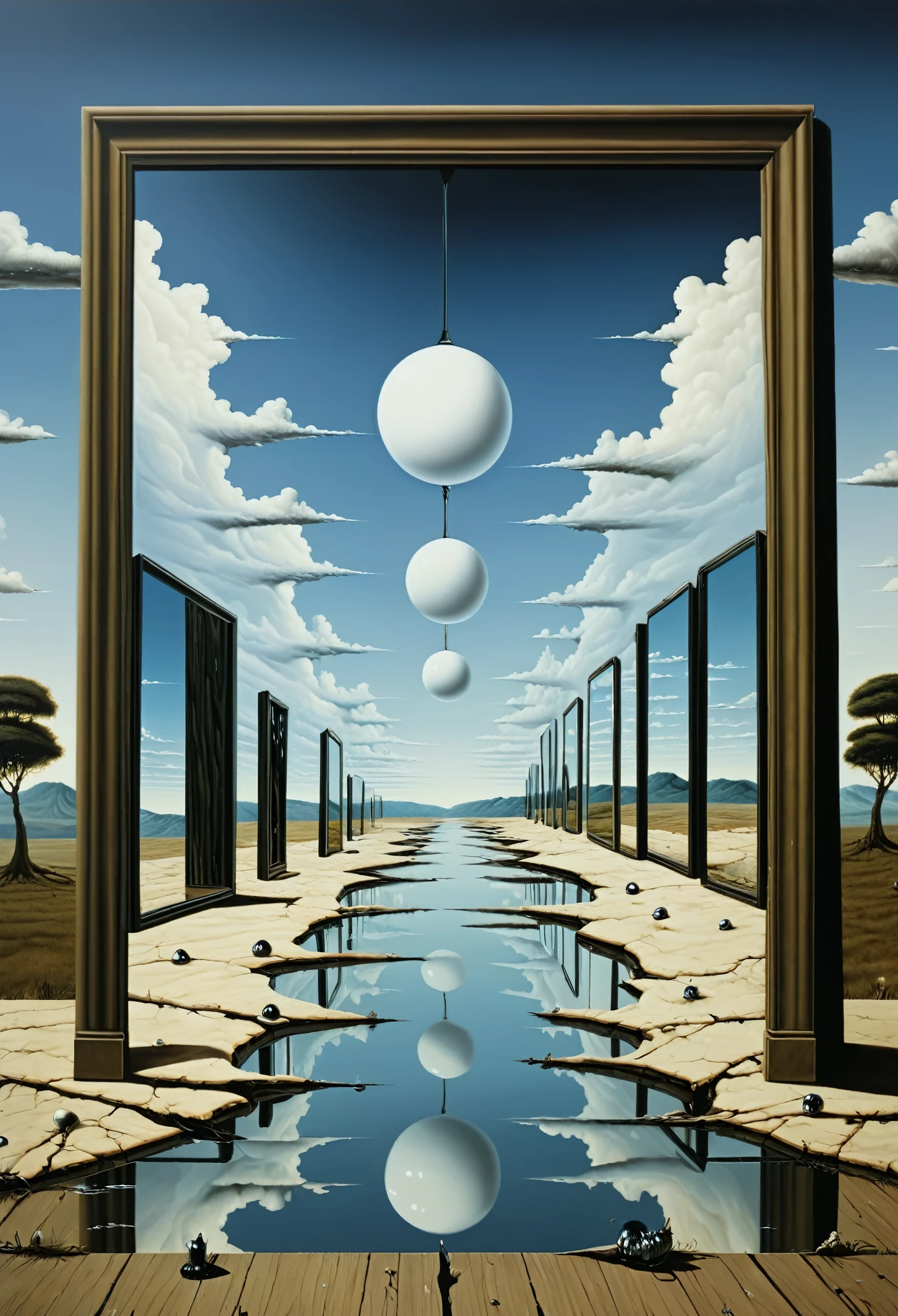 bizzare landscape with mirrors and stuff, no persons, no humans - surrealist style, surrealist artwrok, dream like, highly detailed, masterpiece, painting-like, HD
