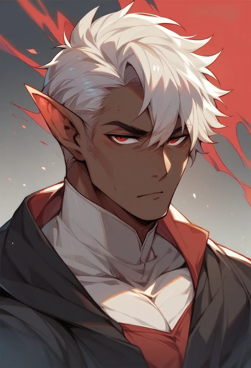 create an image of a red-eyed vampire elf with chocolate brown skin color and white hair, with the top background of a building(male character)