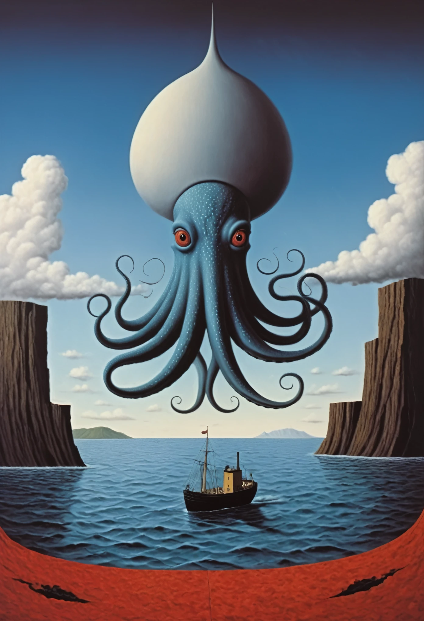 an giant octopus caughts a ship in the sea that is lava  - surrealist style, surrealist artwrok, dream like, Dali style, Rene Magritte style, highly detailed, masterpiece, painting-like, HD