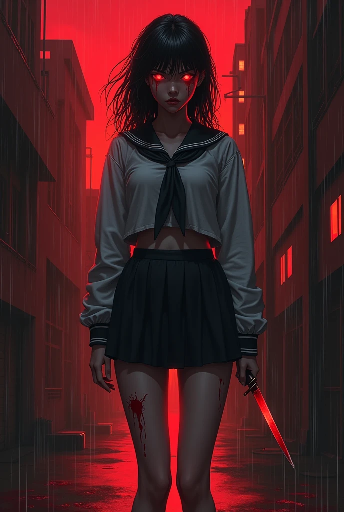 masterpiece, best quality, looking at viewer, facing viewer, bare legs, 1girl, solo, upper body, bow, serafuku, disgusted face, night time, heavy rain, outdoors, city, crop top, navel, wet clothes, drenched, sagging breasts, overly long sleeves, hands in sleeves, blood tears, blood marks, dark alleyway, blood splattered on the ground, red bright light, glowing eyes, depth of field,holding a knife,red sky, atmofer,perfect hands