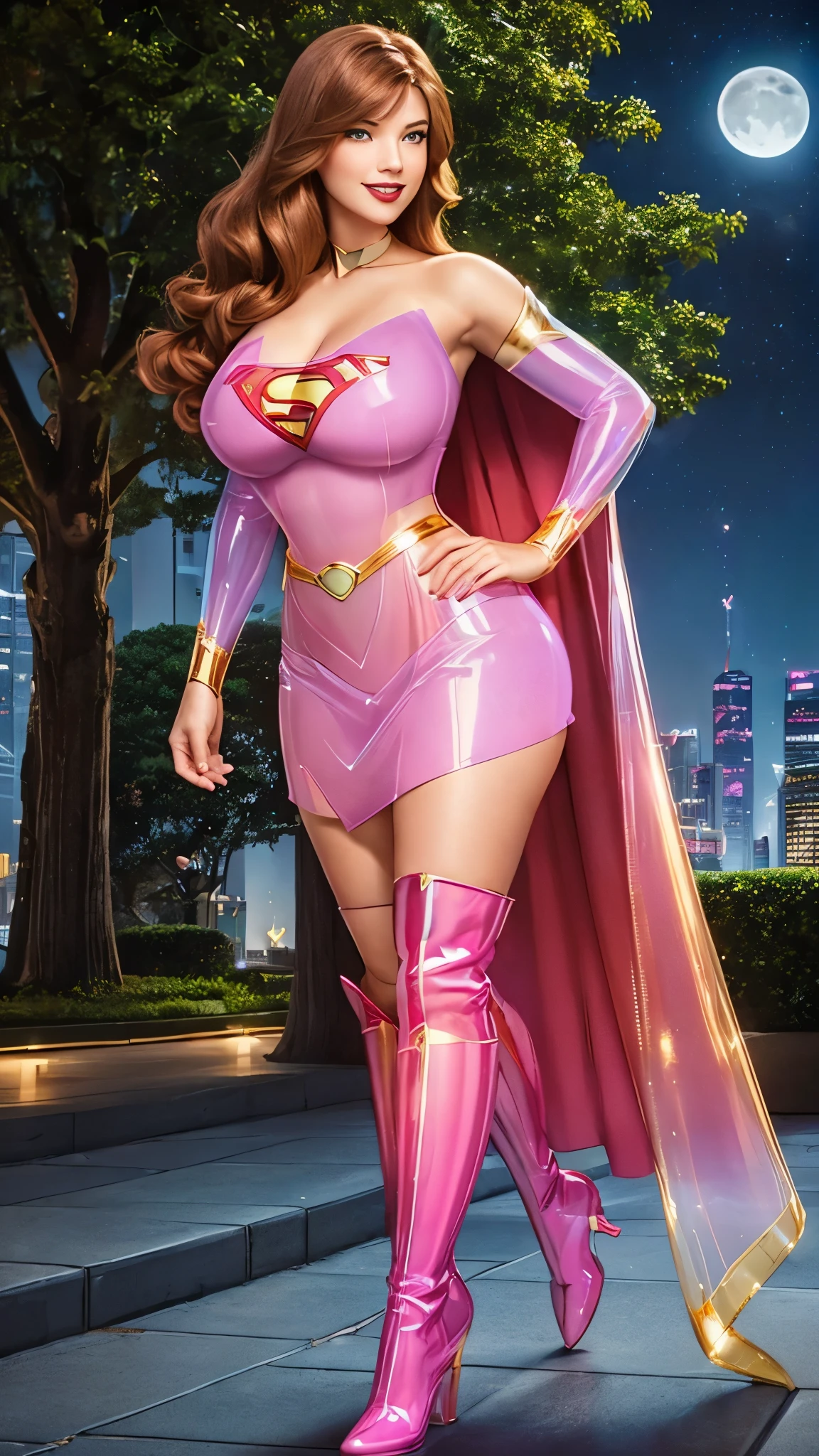 wondergirl, DisneyAurora, (((Anne Hathaway:Selena Gomez:0.7))) full body view Beautiful woman (((shoulder length wavy reddish blonde hair, hair pulled back))) (((Bangs:1.2))) defined body, (MILF, BBW, voluptuous, very full figure, curvy, chubby, very soft, very thick, huge breasts, massive breasts, sexy, sexy pose, fat thighs, thick waist, soft belly, hourglass, plump) Red lipstick, hands free, mouth slightly open, smiling, standing facing camera, voluptuous physique that accentuates her hourglass illustration. Emphasizes plump breasts and bulges, ((( tight blue translucent top of SUPERGIRL, gold belt, pink translucent skirt, pink boots, flowing translucent pink cape ))), (((moonlit city plaza surrounded by trees and skyscrapers at night)))
