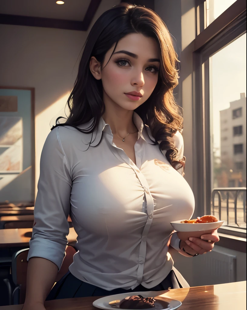 ((best quality)), ((masterpiece)), (detailed), school, private school girl, an Iraqi mom milf, morning breakfast time, curvy, saggy medium breasts, long shirt, (medium curls), 