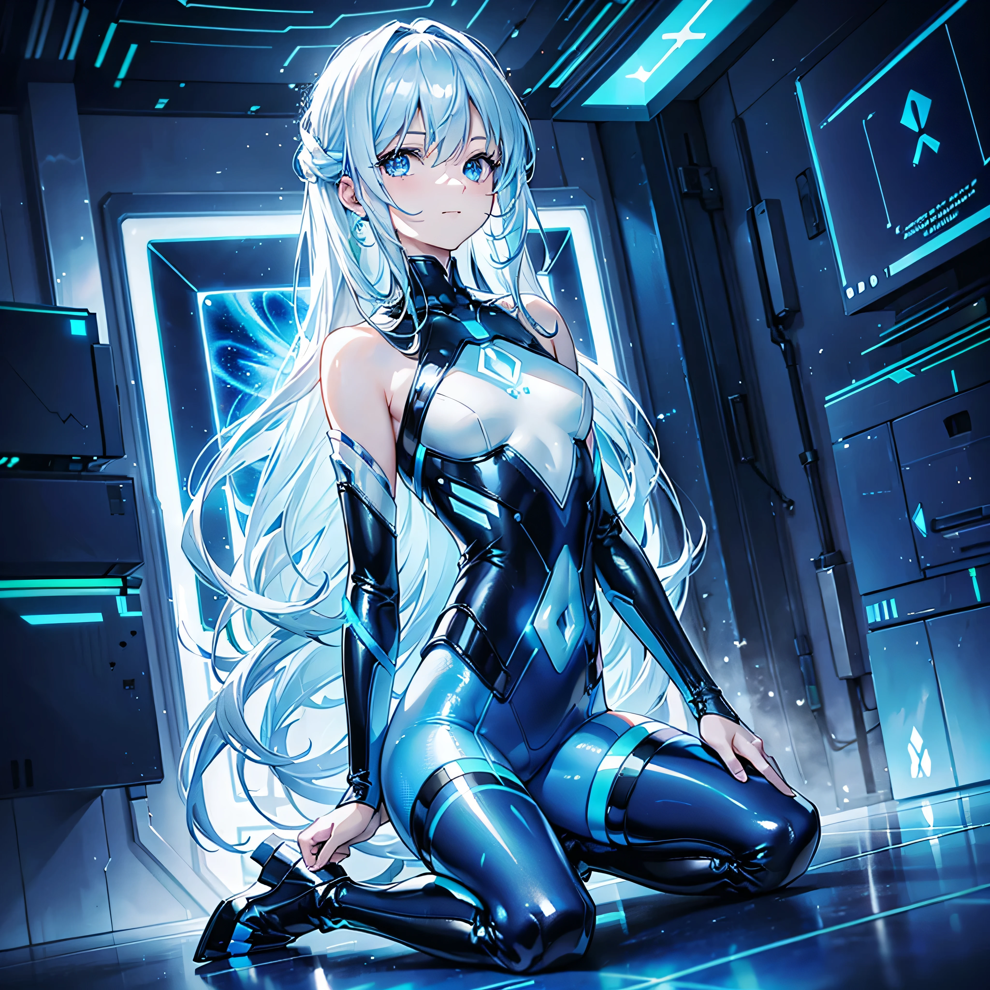 ((Holographic glow effect)),8k, Best Quality, (Realistic:1.4), Original photo, 1 person, Asari Hair, Biological Amplifier, Very sleek and futuristic armor, posture: Peace talks between warring factions,,attention arousal, Clever Blue Eyes,A modest smile,Long boots,Patent-look blue tights,Blue big moon and blue light swirl in the background,Blue light from behind,Blue light magic,A small, glowing blue ball in the palm of your hand,Blue flame swirl,Blue Comet,Mirror-polished floor,