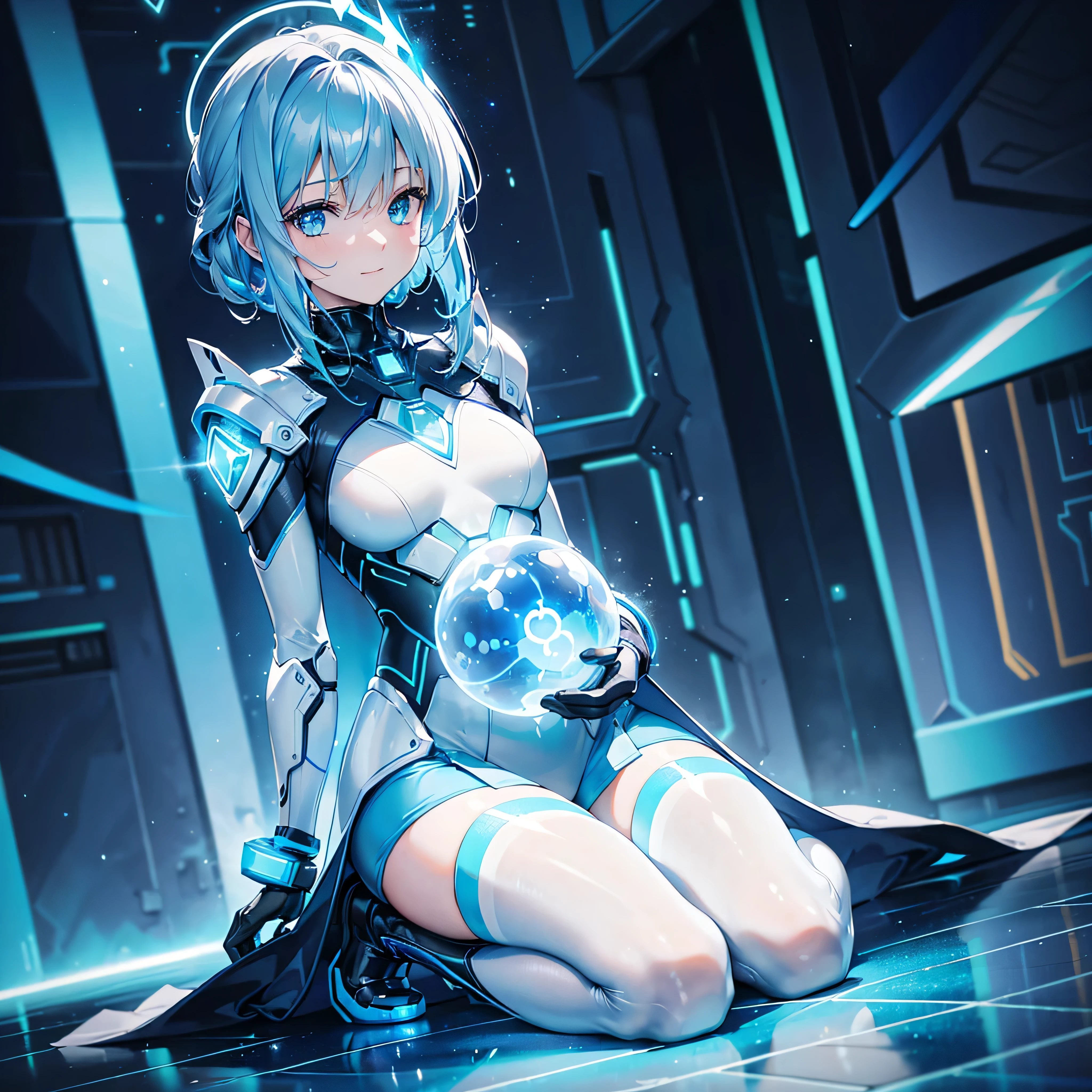 8K, Highest quality, (real:1.4), Original photo, 1 girl, Asari Hair, Biological Amplifier, Very sleek and futuristic armor, posture: Peace talks between warring factions,,attention arousal, smart blue eyes,A modest smile,Knee-high boots,Patent-look blue tights,Blue big moon and blue light swirl in the background,Blue light from behind,blue light magic,A small, glowing blue ball in the palm of your hand,Blue flame swirl,Blue Comet,Polished floor,