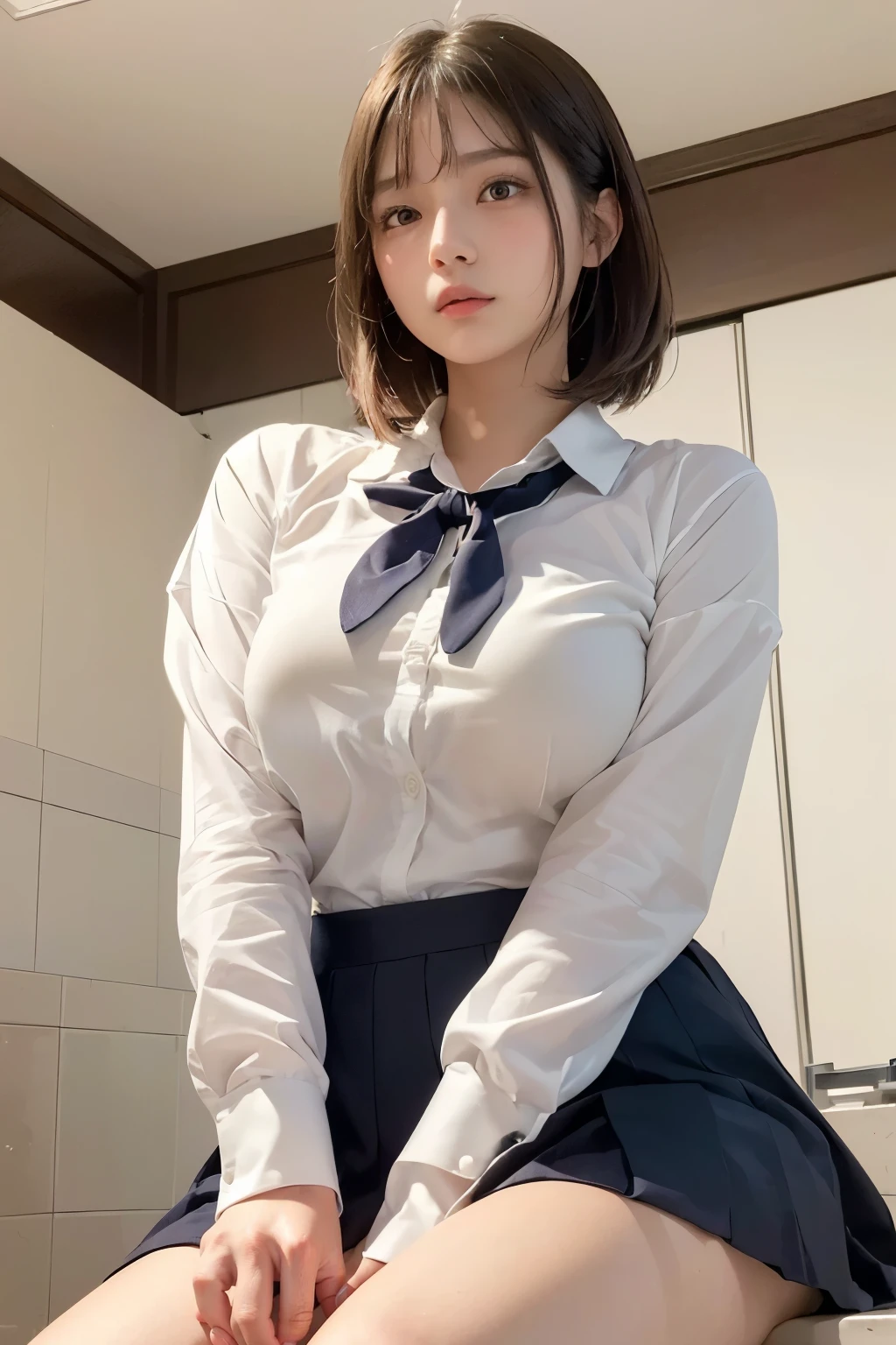 Button shirt with collar、student clothes、neck tie、large breast bulge、Shorthair