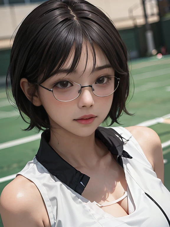 4K quality、最high resolutionの傑作、Thin glasses and white sportswear、(Heavy makeup)in the forest、Running、heavy rain、My whole body gets wet、short hair、Detailed face、high resolution、High resolution、(Full Shot:1.8)Big Breasts、