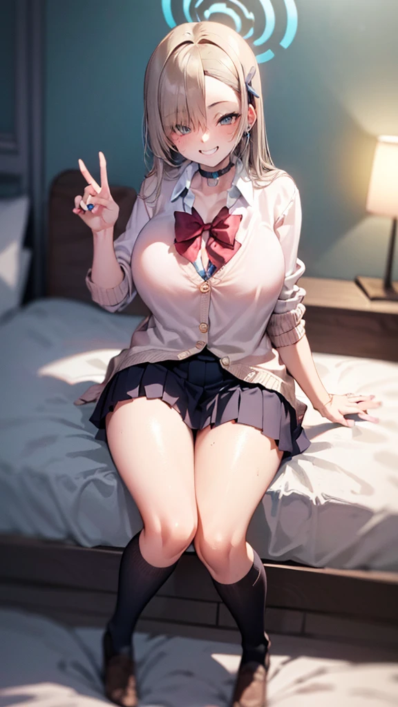 ((masterpiece、Highest quality、Very detailed))、one person、gyaru、blondes、Long black hair、blunt bangs、Grey Eyes、evil smile、((Sit on the bed、Leg spread、sexual temptation))、((lots of piercing))、Small chest chest、((White collared shirt))、((pink cardigan))、((Black pleated skirt))、((micro miniskirt))、Cowboy Shot、Classroom Background High Resolution, masterpiece, accurate, Anatomically correct, Winner of numerous awards, Highest quality, Damaged, High-resolution model, High detail, retina, Very detailed, Textured skin, Ultra high definition, movie light effect, movie, Movie shooting, clair obscur, Background blur, Everything detailed and exquisite、Complete human body、Correct human body、Perfect human body、Accurate human body、Detailed Background、Elaborate Background,
(((night:1.8, Desaturated lighting、Ambient lighting:1.3, A room with the lights off:1.8))),
(((Love hotel bed:1.8, sexual behavior、Love hotel bedルーム:1.8))), 

((Thin, sharp eyes:1.7, Huge breasts、Big cleavage、Licking your lips:1.6, Long eyelashes, Make a smile with your fingers:1.8, A seductive smile,))