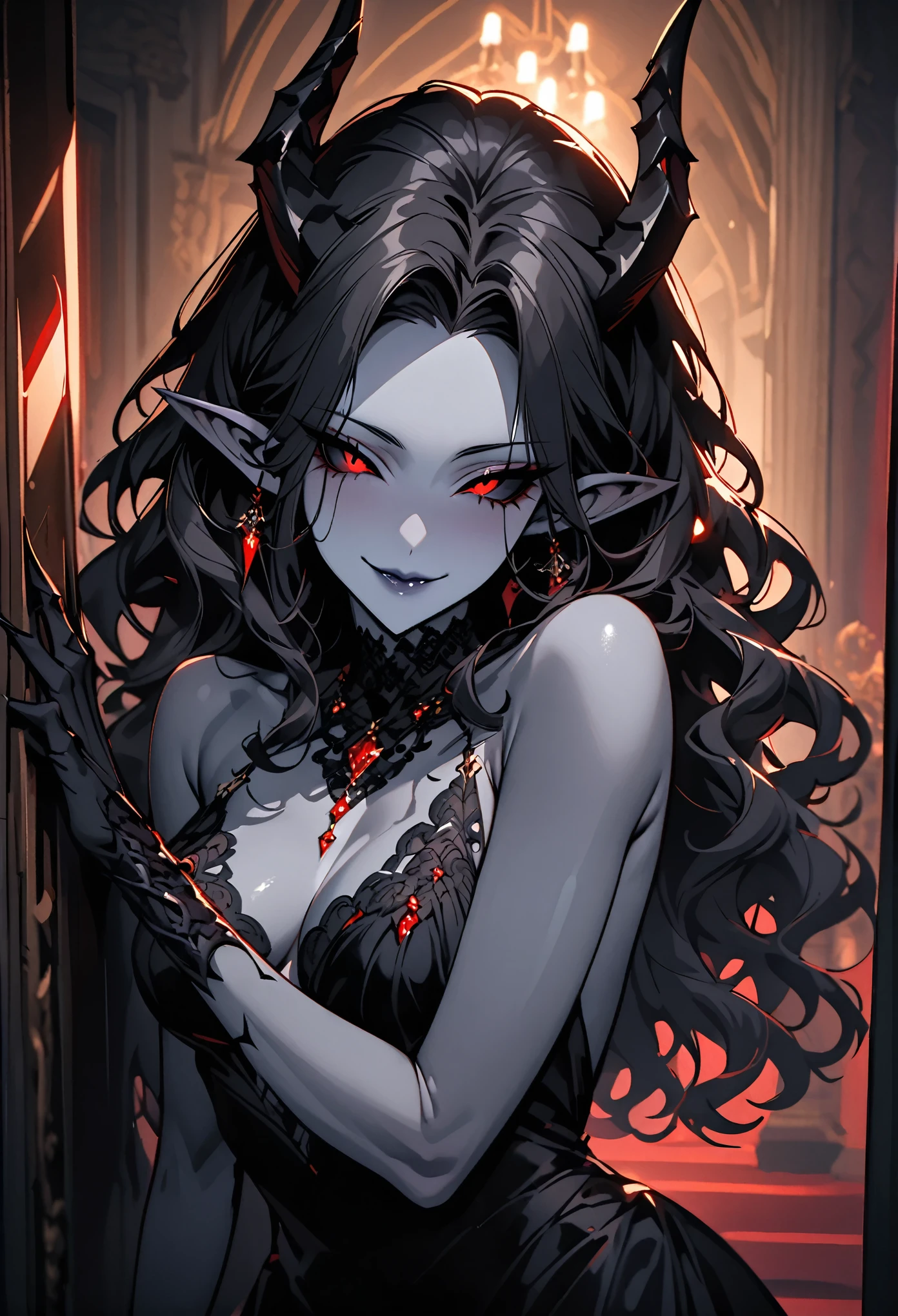 solo, female, close up, demoness, black sclera:1.4, slender, ballroom, elegant, cocktail dress, stately mansion, sexy, friendly smile, long wavy hair, warm lights, black hair, red eyes, grey skin, clawed hands, dark grey skin, long pointed ears, large demonic horns, seductive, arrogant, jewelry, luxurious, intimate hug, close to viewer, female kabedon, pov