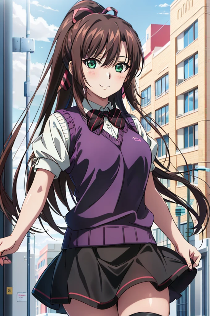 masterpiece(Best Quality:1.3), 8k, wallpaper, Depth of written boundary, Beautiful detailed eyes(One girl, Bright and shiny, Very long hair high ponytail, Hair Ribbon, Green Eyes, Alone, Striped bow tie、Sweater vest、White shirt、Short sleeve、Black Skirt、Black knee socks, looking at viewer, A light smile, (:1.2), blue sky, city, Standing) 