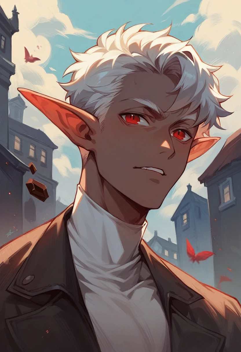 create an image of a red-eyed vampire elf with chocolate brown skin color and white hair, with the top background of a building(male character)