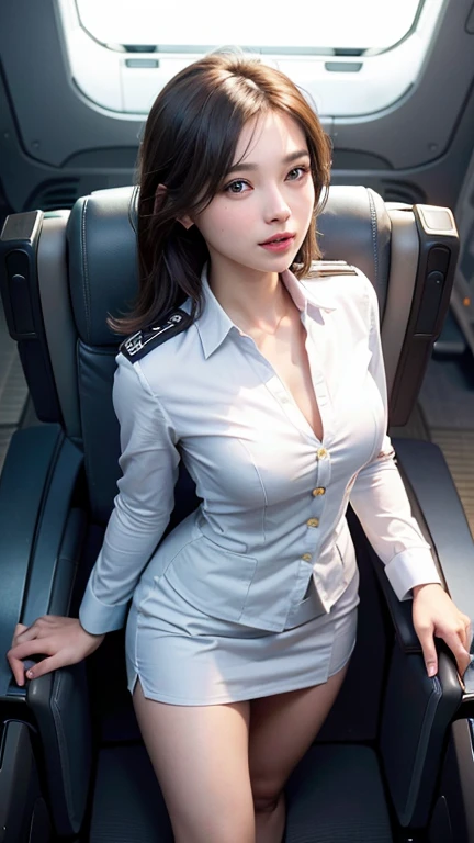 8K, Masterpiece, RAW photo, Best quality, Photorealistic, Extremely detailed CG unifies 8K, 8K, Diamond, and wallpaper, Depth of field, Cinematic light, Lens flare, Ray tracing, (Extremely beautiful face, Beautiful lips, Beautiful eyes), intricate detail face, ((ultra detailed skin)) 1girll, In the dark, deepshadow, Pretty Korean girl, Kpop idol, Photo of a sexy woman sitting in an airplane seat,Wearing a white flight attendant uniform,pleatedskirt,(Very slim and slender muscular body:1.3), (Flesh-colored pantyhose:1.3),White standard flight attendant uniform, ((huge tit:1.0)),Wide buttock,being thin,Redlip,黑The eye,(unholy:0.9),Cross ed leg,(textured fabrics:0.9),looking at viewert, (Pale skin), (Big eyes),(ssmile:0.8),flirting to the camera,(metallic fabric:0.5),extremly intricate,(realisticlying,primitive:1.5), Sideslit, (bblurry:0.9), detail in face, poor quality photo, hight contrast, inside airplane, Slender, bow-shaped, (birthmark:0.4)