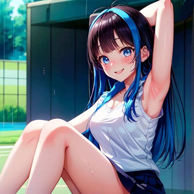 a matter of fact, daytime, sunlight, 1 girl, 8K resolution, blue hair, blue eyes, glowing eyes, white short skirt, Blush, tennis, sleeveless shirt, sunlight, Wet from the rain, seethrough, Sit with your knees raised., pussy, smile, the skirt is lifted up, highest quality, High resolution, highly detailed face, perfect lighting, Very detailed CG, (perfect hands, perfect anatomy), mini yaemori, perfect figure, in love expression, bottomless, armpit, 