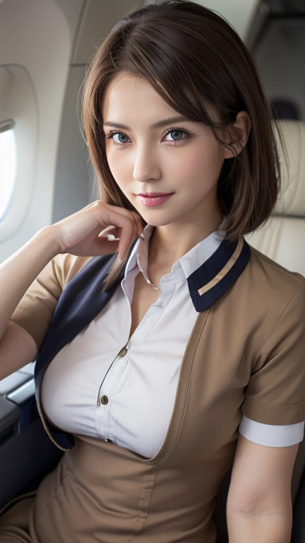 ((of the highest quality, 8K, masutepiece: 1.3, Raw photo)), Sharp Focus: 1.2, (1 AESPA Girl :1.1), (Solo: 1.1), (Realistic, Photorealistic: 1.37), (Face Focus: 1.1), Cute face, hyperdetailed face, (short messy hair: 1.2), (updo: 1.3), small breasts, flat chest, thigh, Beautiful flight attendant in the seat of the plane, Super beautiful, perfect bodies, Meticulous beautiful flight attendant outfit,