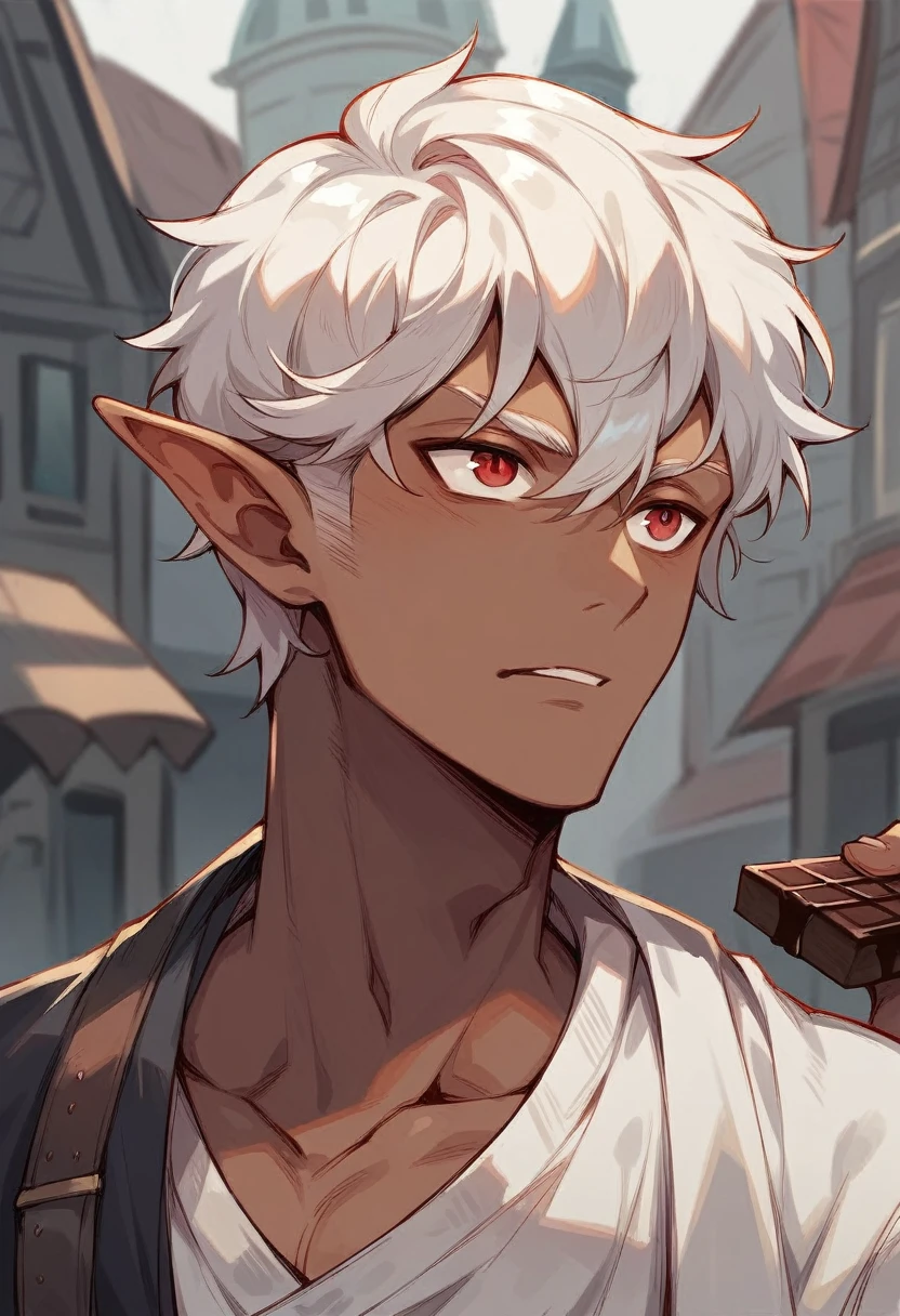 create an image of a red-eyed vampire elf with chocolate brown skin color and white hair, with the top background of a building(male character)