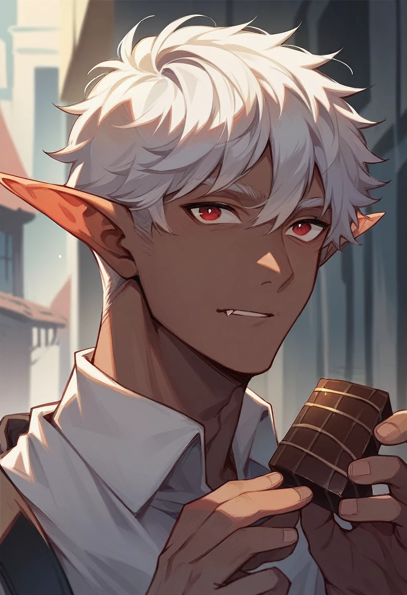 create an image of a red-eyed vampire elf with chocolate brown skin color and white hair, with the top background of a building(male character)