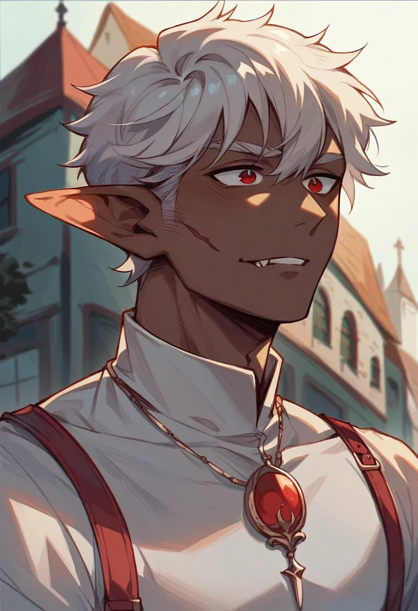 create an image of a red-eyed vampire elf with chocolate brown skin color and white hair, with the top background of a building(male character)