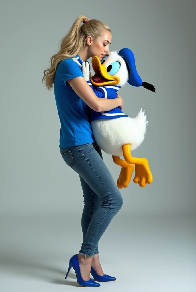 Dove Cameron carried and kissed Donald Duck on the lips. Dove Cameron is wearing blue polo, blue high heels, and skinny blue jeans. Donald Duck is wearing his original clothes in the Mickey Mouse and Friends series. Full height from head to toe and Full body from head to toe. Donald Duck is FOUR TIMES smaller the size and height of Dove Cameron. Standing in a full height from head to toe


Dove Cameron kissed Donald Duck's lips and carried him.

