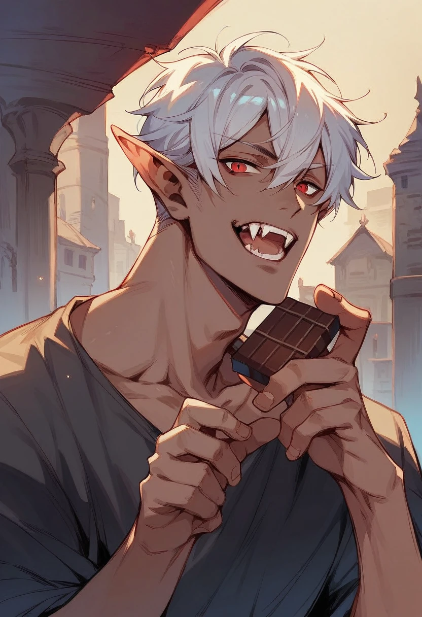 create an image of a red-eyed vampire elf with chocolate brown skin color and white hair, with the top background of a building(male character,attractive, showing vampire teeth)