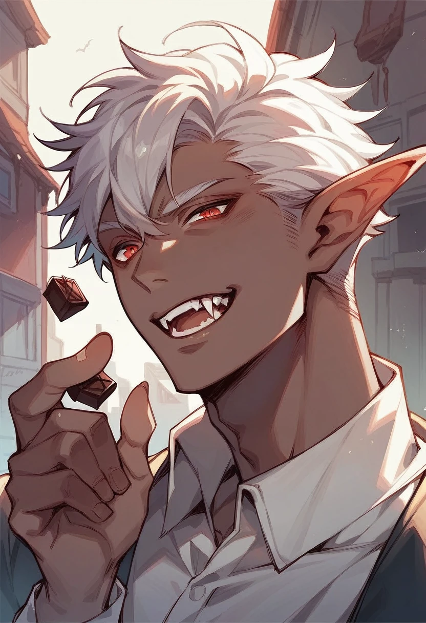 create an image of a red-eyed vampire elf with chocolate brown skin color and white hair, with the top background of a building(male character,attractive, showing vampire teeth)