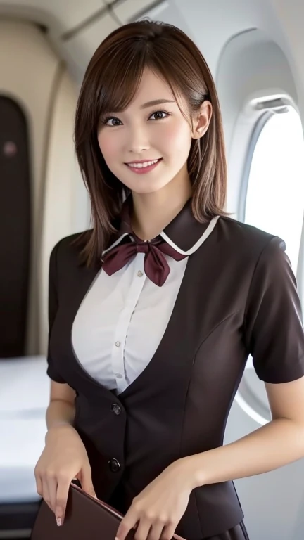 Huge and、In ideal form、A sexy、large boob、s ass、（Taking off her uniform to show her bra and）、Perfect Style、Ideal、Beautiful five fingers with a delicate form、The beauty of, Brown hair, updo hair, (((I want to see my bra and))), (((Very sweet smile))), looking at the viewers, (((Show to camera、 Lift the skirt yourself))), (((Winter clothes of flight attendants))), (Winter clothes of flight attendants), ((of the highest quality,, masutepiece: 1.3)), One Woman、Highest dignity、carismatic、 hyperdetailed face, very detailed lips, Detailed eyes, Archaic beauty, Airplane background、Beautiful five fingers with a delicate form、