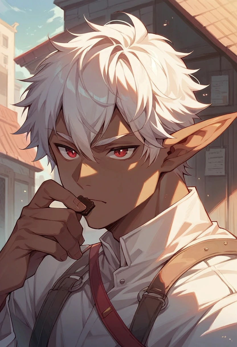 create an image of a red-eyed vampire elf with chocolate brown skin color and white hair, with the top background of a building(male character,attractive) 