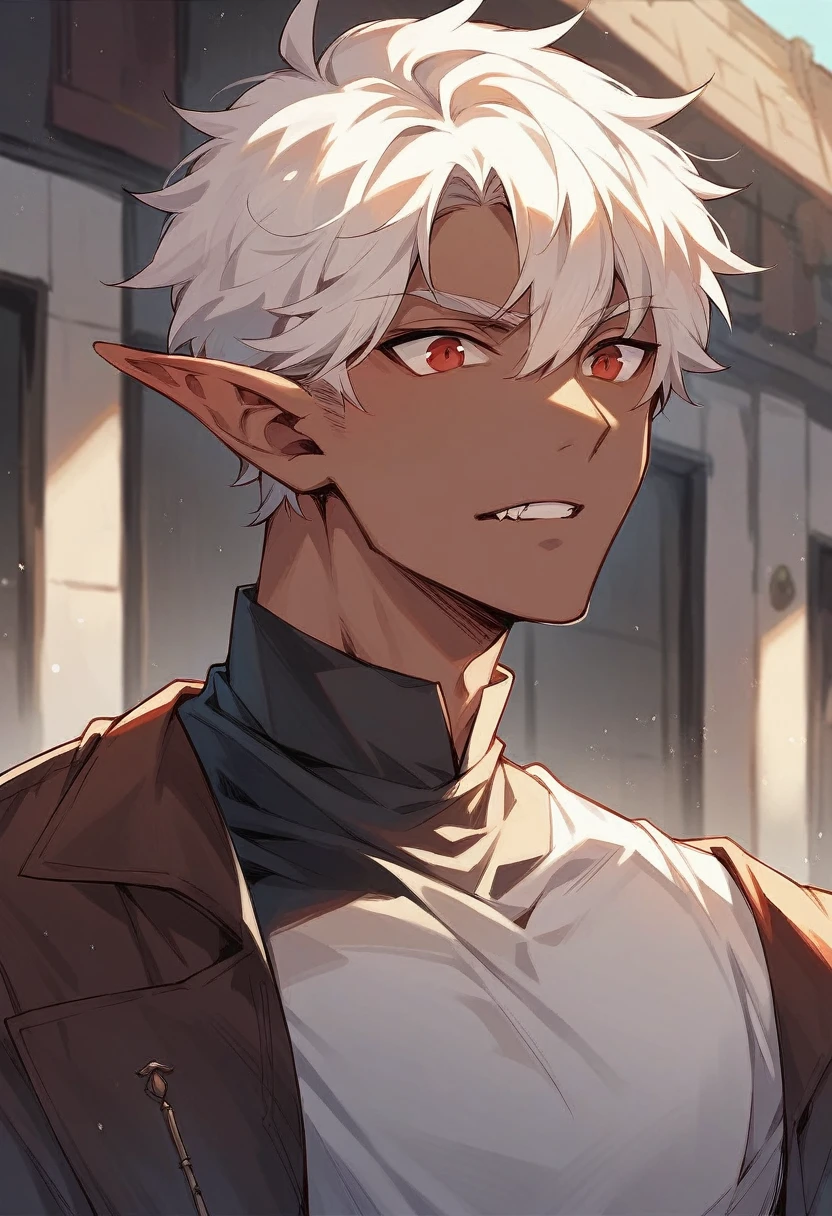 create an image of a red-eyed vampire elf with chocolate brown skin color and white hair, with the top background of a building(male character,attractive) 