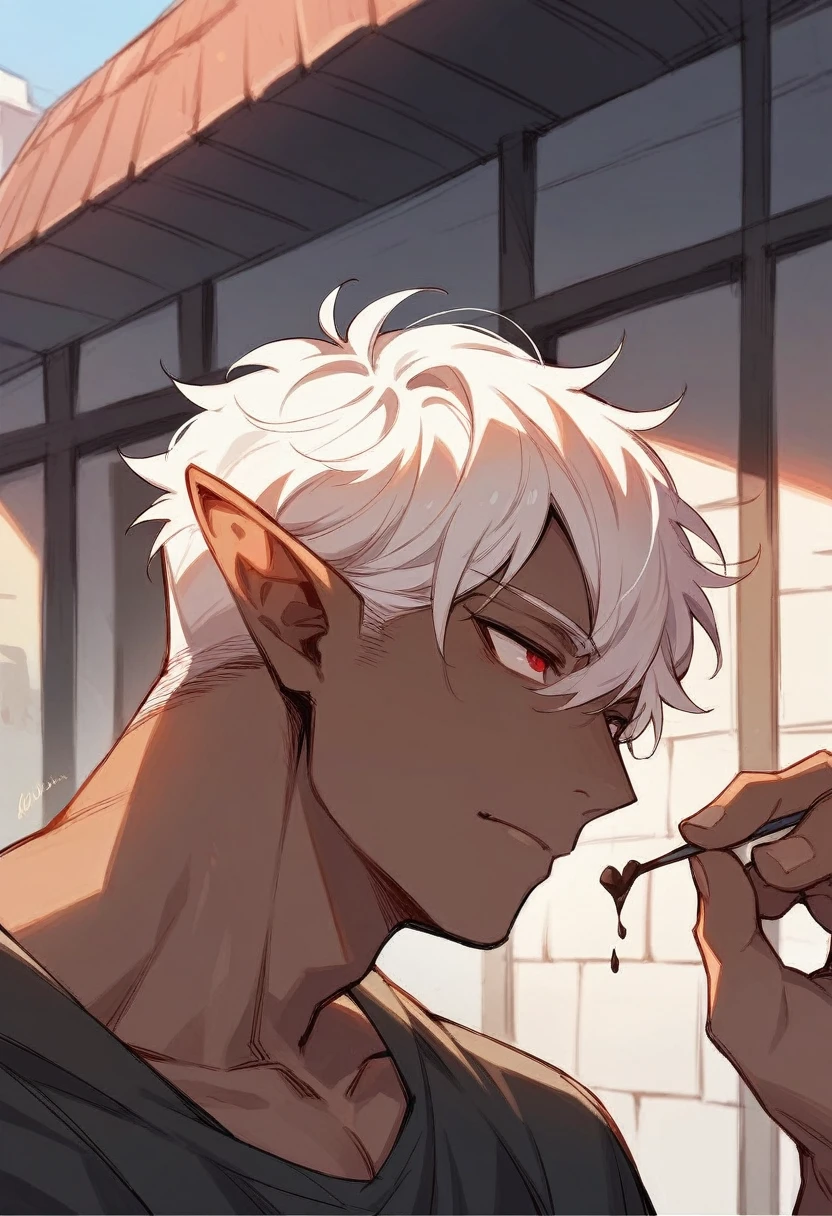 create an image of a red-eyed vampire elf with chocolate brown skin color and white hair, with the top background of a building(male character,attractive) 