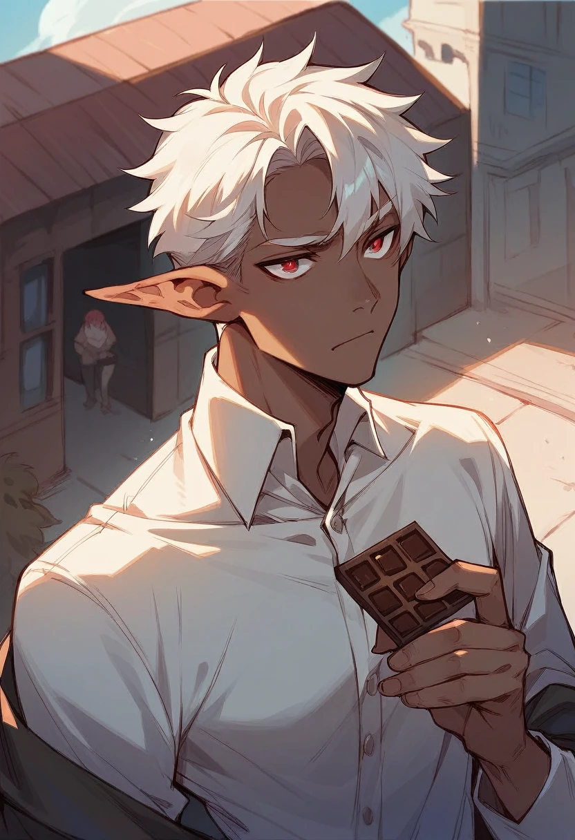 create an image of a red-eyed vampire elf with chocolate brown skin color and white hair, with the top background of a building(male character,attractive) 