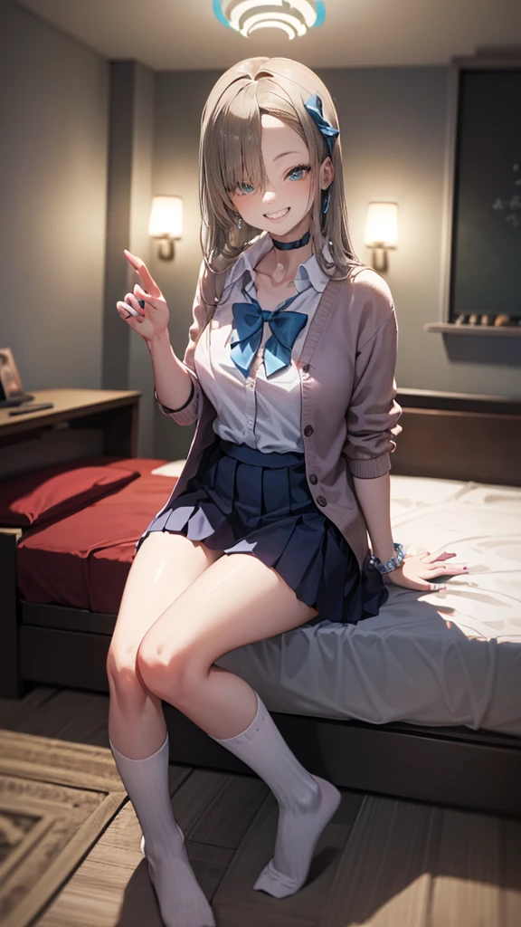 ((masterpiece、Highest quality、Very detailed))、one person、gyaru、blondes、Long black hair、blunt bangs、Grey Eyes、evil smile、((Sit on the bed、Leg spread、sexual temptation))、((lots of piercing))、Small chest chest、((White collared shirt))、((pink cardigan))、((Black pleated skirt))、((micro miniskirt))、Cowboy Shot、Classroom Background High Resolution, masterpiece, accurate, Anatomically correct, Winner of numerous awards, Highest quality, Damaged, High-resolution model, High detail, retina, Very detailed, Textured skin, Ultra high definition, movie light effect, movie, Movie shooting, clair obscur, Background blur, Everything detailed and exquisite、Complete human body、Correct human body、Perfect human body、Accurate human body、Detailed Background、Elaborate Background,
(((night:1.8, Desaturated lighting、Ambient lighting:1.3, A room with the lights off:1.8))),
(((Love hotel bed:1.8, sexual behavior、Love hotel bedルーム:1.8))), 

((Thin, sharp eyes:1.7, Huge breasts、Big cleavage、Licking your lips:1.6, Long eyelashes, Make a smile with your fingers:1.8, A seductive smile,))