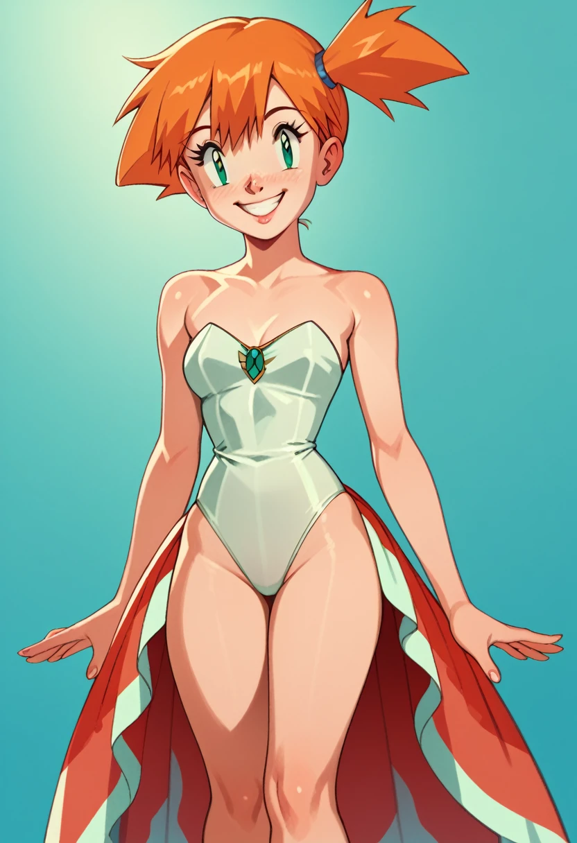 1girl, alone, misty \(pokemon\), side ponytail, g0ld33n skirt, green eyes, strapless white leotard, smile