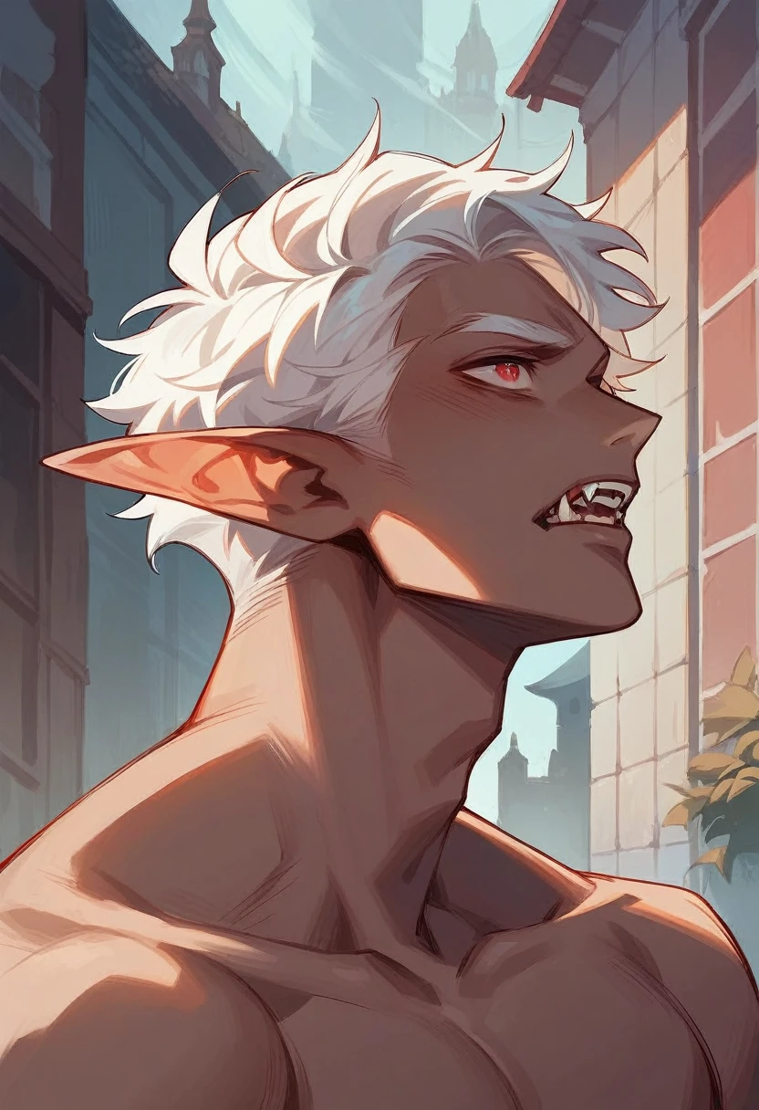 create an image of a red-eyed vampire elf with chocolate brown skin color and white hair, with the top background of a building(male character,attractive, shirtless, showing vampire teeth)