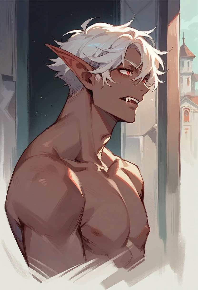 create an image of a red-eyed vampire elf with chocolate brown skin color and white hair, with the top background of a building(male character,attractive, shirtless, showing vampire teeth)