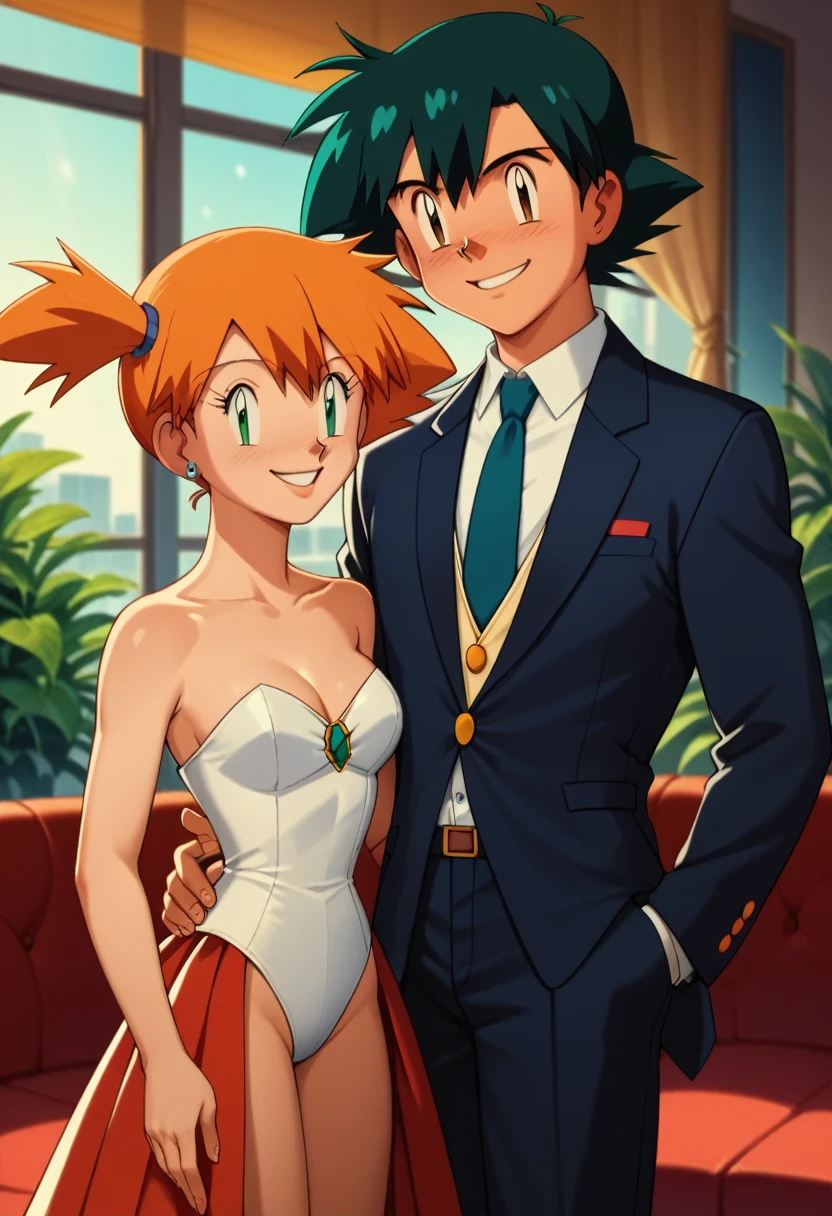 1boy, black hair, brown eyes, hair between eyes, ash ketchum, suit, formal clothes, handsome boy, macho, good looking boy 1girl, misty \(pokemon\), side ponytail, g0ld33n skirt, green eyes, strapless white leotard, pretty, beautiful girl, photograph of a 1 couple, they're showing off their love and affection for each other, they're caressing, confident smile, looking at the viewer, stage