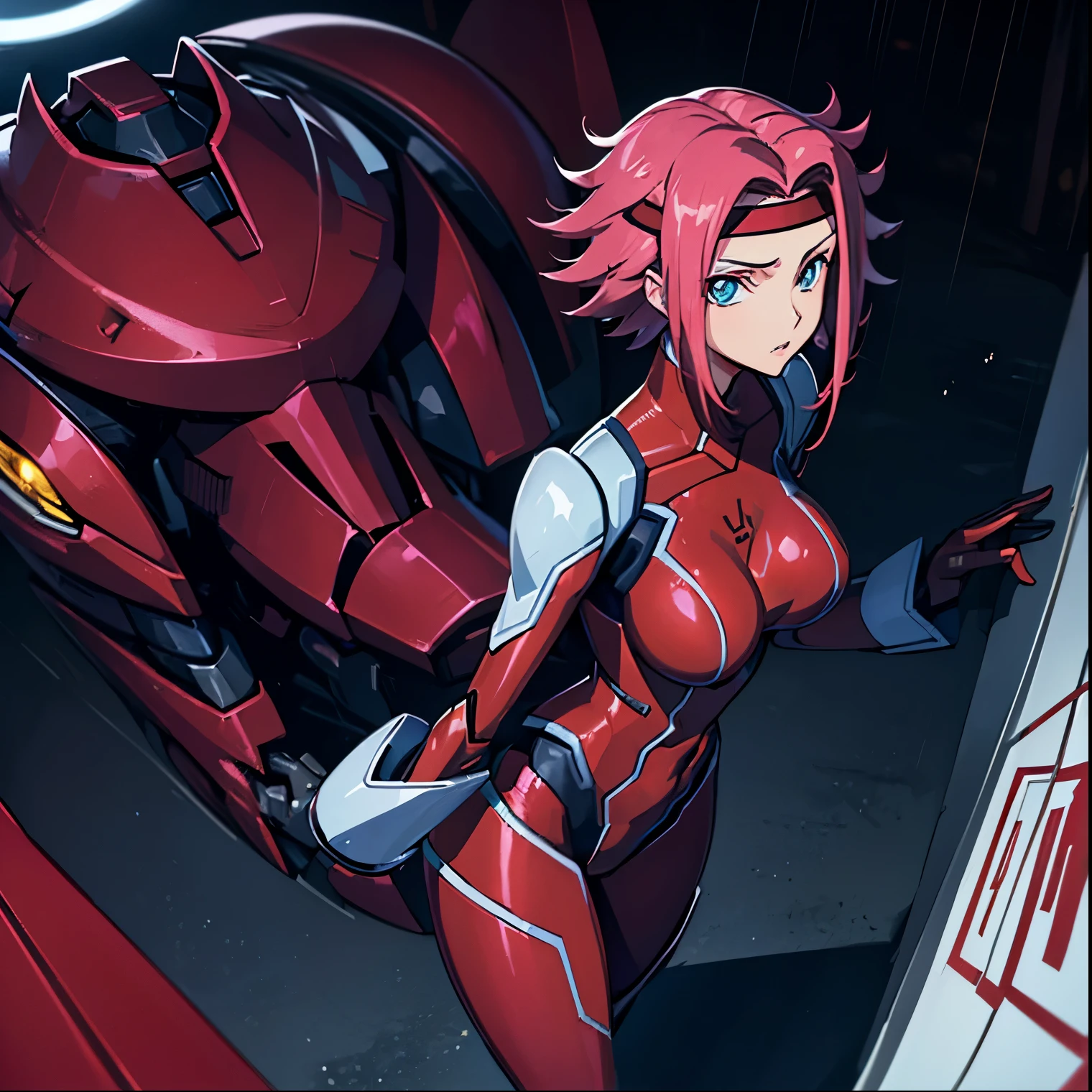 ((1girl)),((alone)),Kallen Stadfeld, \(Code Geass\),(masterpiece), (best quality), (ultra detailed), (best illustration), (best shadow), (absurdities) , sharp focus, cowboy shot, atmospheric perspective, depth of field, dynamic posture, ((looking at viewer)), medium breasts, narrow waist, wide hips, medium thighs, round butt, erotic, romantic, (highly detailed eyes, lips 1.1), highly detailed eyes, eyes, Highly detailed face, Very beautiful face, Symmetrical face, Aesthetic face, perfect face, perfect eyes, detailed eyelashes: 1.5), full height, beautiful slim figure, femininity, expressive appearance, elastic medium breasts, sexuality, half-open lips, blue eyes, red hair, short hair, flipped hair, red headband, medium breasts, neckline, armor, red suit, suit sleeves, red gloves, suit legs, suit shoes, curves, defined body, perfect and beautiful body, perfect and beautiful, calm look, closed mouth, ((stoic expression)), blushing ,(sexy pose: 1.2), ( (solo)), standing: 1.3,((on top of a mecha:1.3,outside, cityscape, cybeppunk landscape, buildings futuristic,neon lights,night,rainy weather, wet ground, streets,)), Looking forward,((focus on breasts:1.4)), point of view:(from above), perfect anatomy, perfect hands