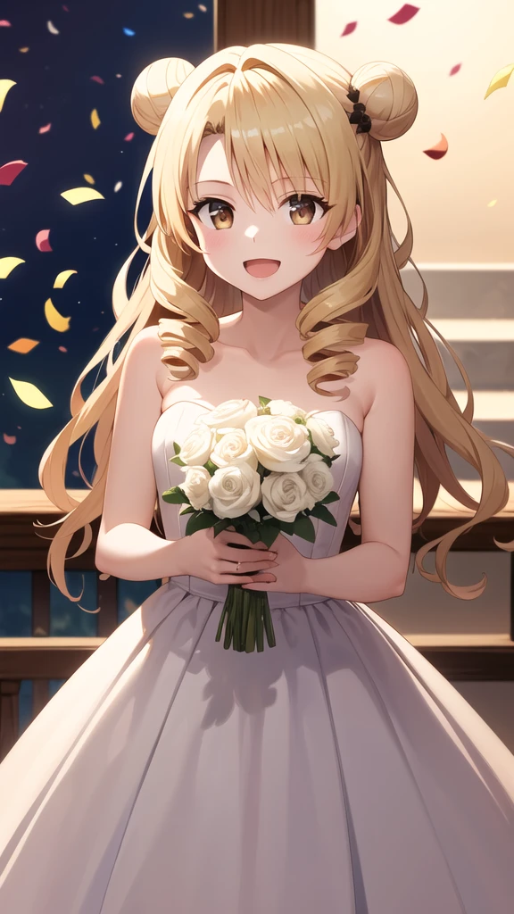 masterpiece, best quality, highres, 1girl, solo, long hair, blonde hair, double bun, drill hair, brown eyes, wedding dress, white dress, strapless, holding bouquet, cowboy shot, smile, open mouth, confetti,