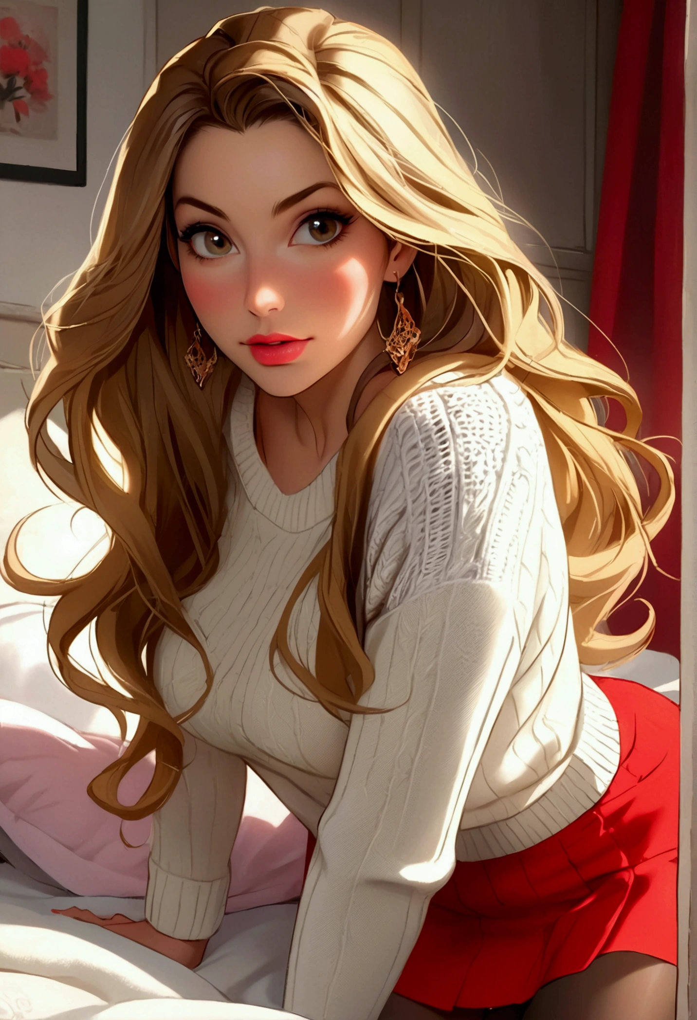 A mature woman with long golden hair, beautiful detailed eyes, beautiful detailed lips, extremely detailed eyes and face, long eyelashes, coming face expression, earrings, wearing a white sweater and red mini skirt, grabbing the sheets, top down bottom up perspective, curvy, pantyhose revealing panties, blushing, alone, realistic photo style, best quality, masterpiece, extremely detailed, high quality, high resolution, 1 girl