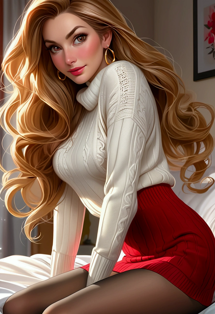 A mature woman with long golden hair, beautiful detailed eyes, beautiful detailed lips, extremely detailed eyes and face, long eyelashes, coming face expression, earrings, wearing a white sweater and red mini skirt, grabbing the sheets, top down bottom up perspective, curvy, pantyhose revealing panties, blushing, alone, realistic photo style, best quality, masterpiece, extremely detailed, high quality, high resolution, 1 girl