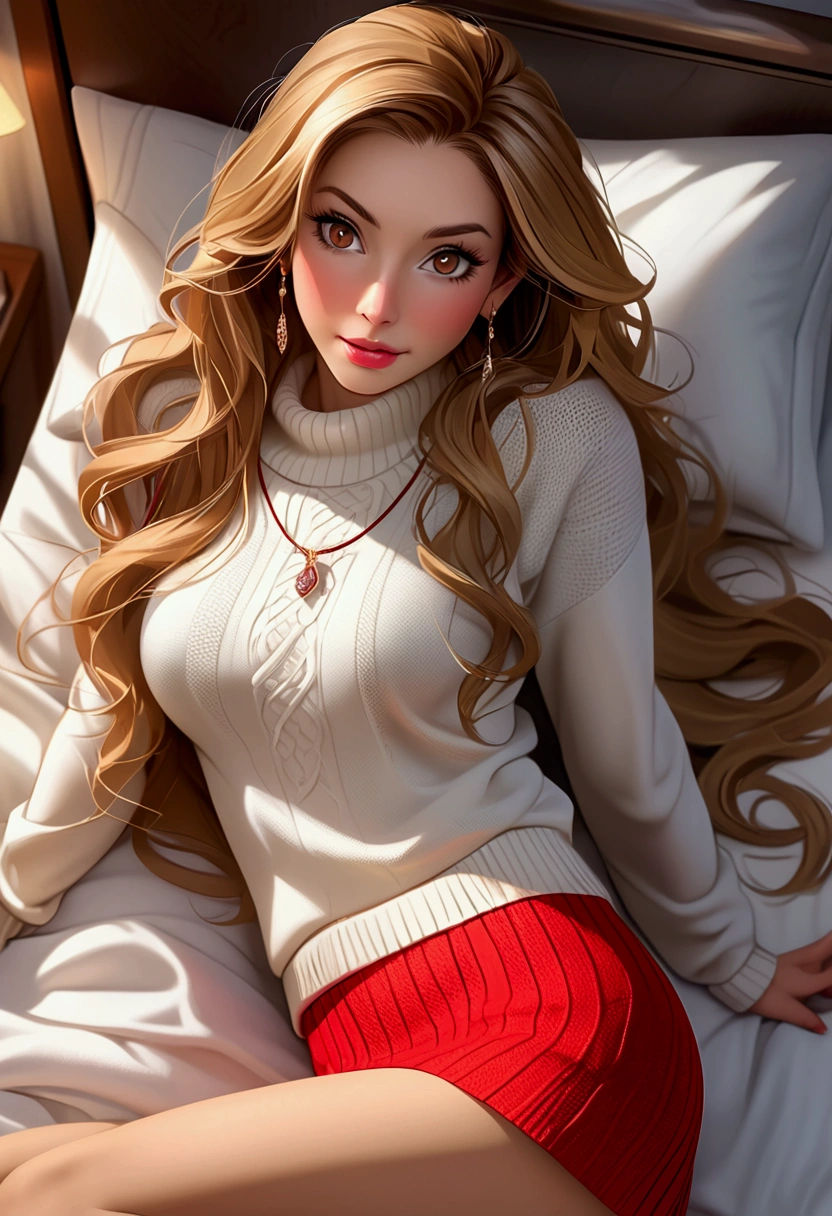 A mature woman with long golden hair, beautiful detailed eyes, beautiful detailed lips, extremely detailed eyes and face, long eyelashes, coming face expression, earrings, wearing a white sweater and red mini skirt, grabbing the sheets, top down bottom up perspective, curvy, pantyhose revealing panties, blushing, alone, realistic photo style, best quality, masterpiece, extremely detailed, high quality, high resolution, 1 girl