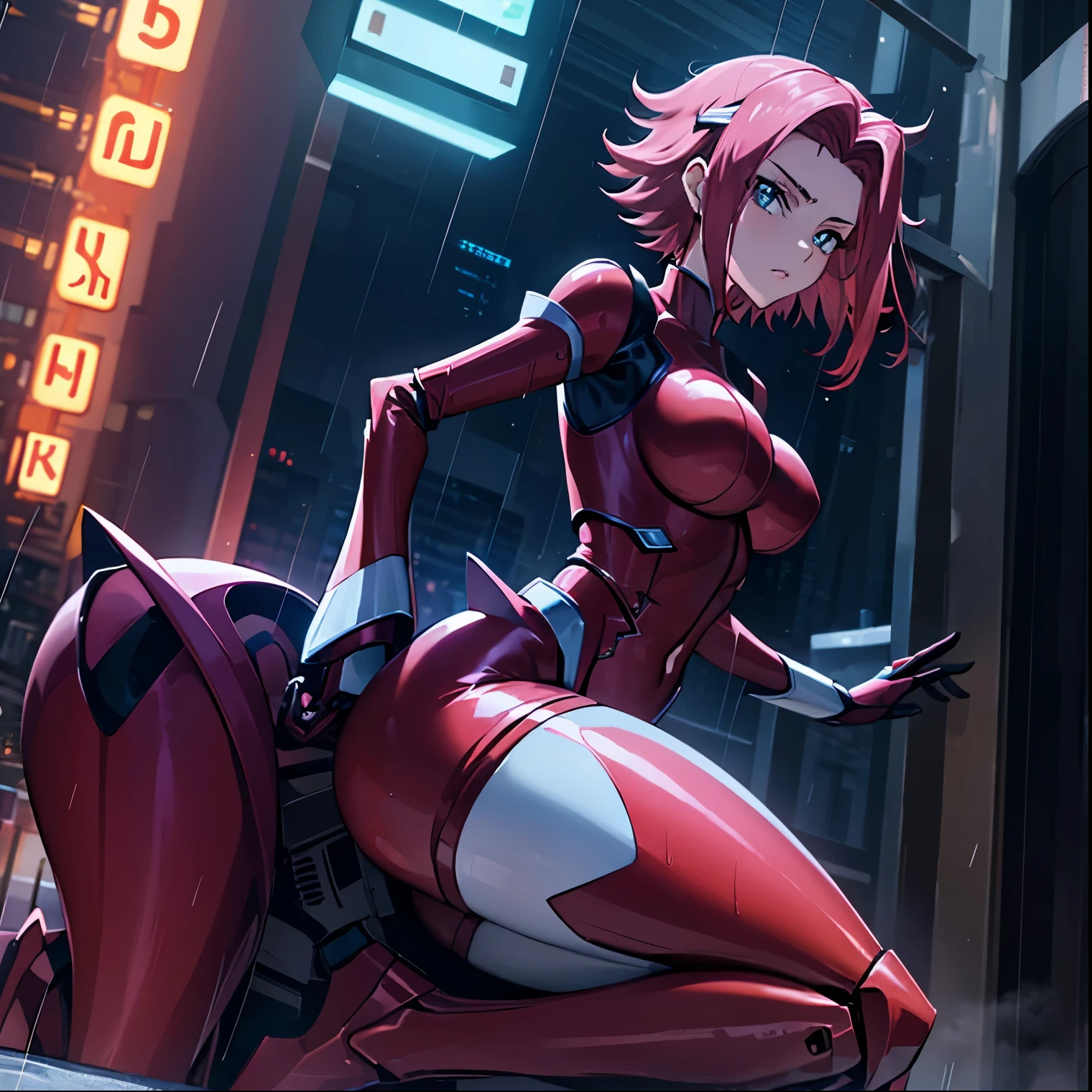 ((1girl)),((alone)),Kallen Stadfeld, \(Code Geass\),(masterpiece), (best quality), (ultra detailed), (best illustration), (best shadow), (absurdities) , sharp focus, cowboy shot, atmospheric perspective, depth of field, dynamic posture, ((looking at viewer)), medium breasts, narrow waist, wide hips, medium thighs, round butt, erotic, romantic, (highly detailed eyes, lips 1.1), highly detailed eyes, eyes, Highly detailed face, Very beautiful face, Symmetrical face, Aesthetic face, perfect face, perfect eyes, detailed eyelashes: 1.5), full height, beautiful slim figure, femininity, expressive appearance, elastic medium breasts, sexuality, half-open lips, blue eyes, red hair, short hair, flipped hair, red headband, medium breasts, neckline, armor, red suit, suit sleeves, red gloves, suit legs, suit shoes, curves, defined body, perfect and beautiful body, perfect and beautiful, calm look, closed mouth, ((stoic expression)), blushing ,(sexy pose: 1.2), ( (solo)), standing: 1.3,((on top of a mecha:1.3,outside, cityscape, cybeppunk landscape, buildings futuristic,neon lights,night,rainy weather, wet ground, streets,)), Looking forward,((focus on thighs:1.4)), point of view:(from Middle), perfect anatomy, perfect hands