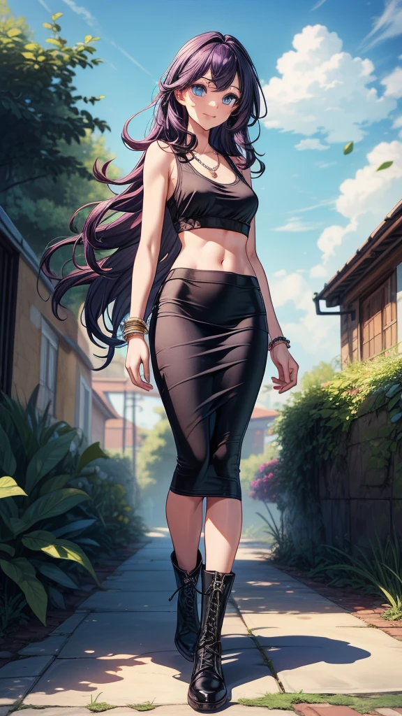 ((masterpiece, best quality, ultra-detailed)), 1girl, beautiful woman, summer garden, smiling, wearing pink tank top, bracelet, necklace, black maxi pencil skirt, midriff, sneakers, full body, purple hair, hand on hip