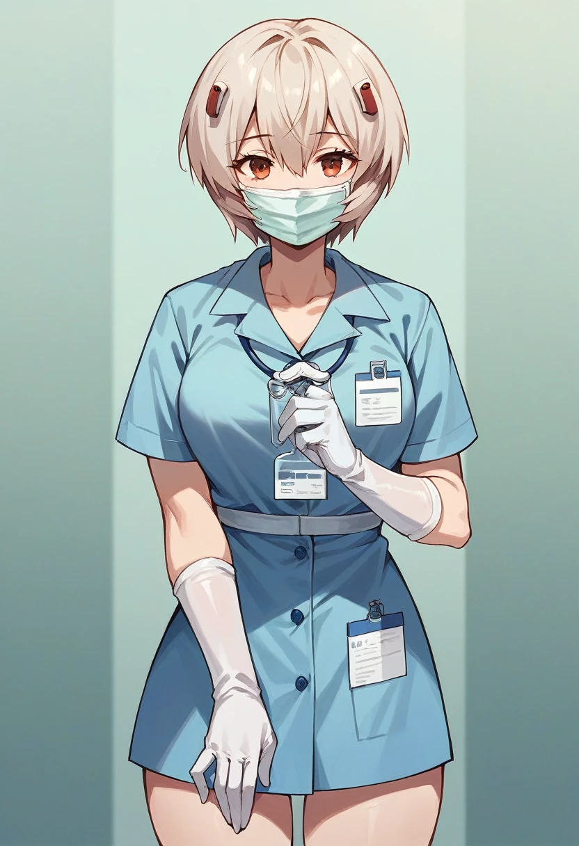 1girl, solo, nurse, nurse cap, white nurse uniform, ((white legwear, zettai ryouiki)), white gloves, very short hair, orange hair, ((white surgical mask, covered nose)), standing, ((hospital room)), sharp outline, short sleeves, tomboy, boyish, best quality, masterpiece