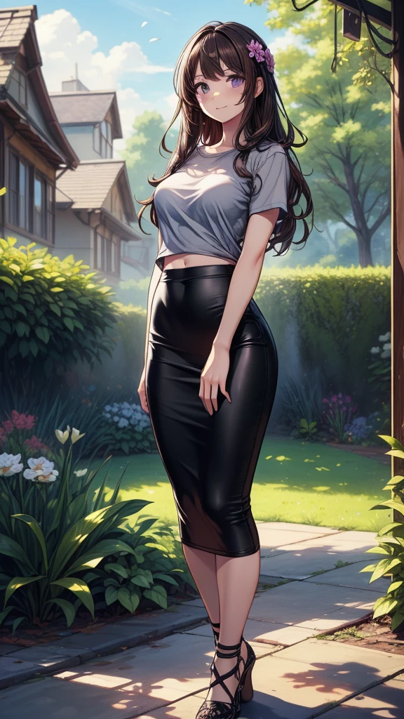 masterpiece, best quality, high detail, 1girl, beautiful woman, long wavy hair, burgundy hair, large bust, breasts, white button jacket, crop top, black midi pencil skirt, long skirt:1.25, boots, collarbone, midriff, belly button, summer, garden, full body, looking at viewer, walking, 