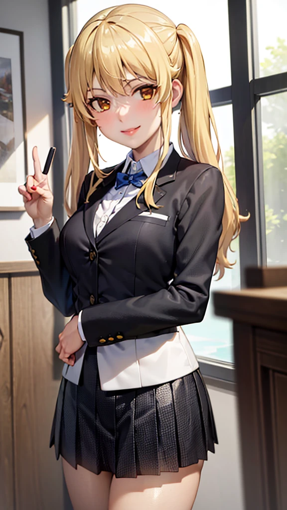 (best quality:1.1), (masterpiece:1.4), (absurdres:1.0), portrait, smile
1girl, saotome mary , school uniform, twintails, blonde hair, black skirt, looking at viewer,
 