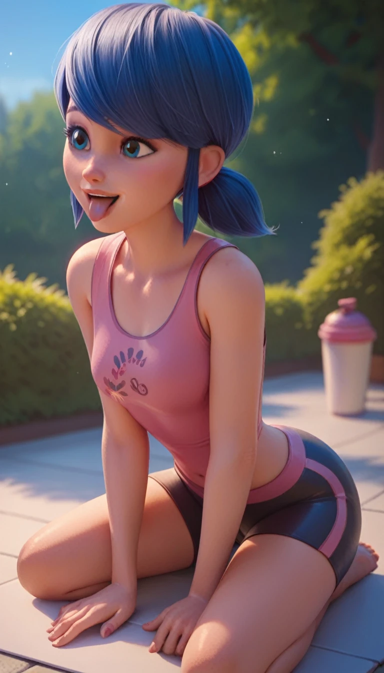 Marinette in tight yoga shorts, happy sticking out tongue 