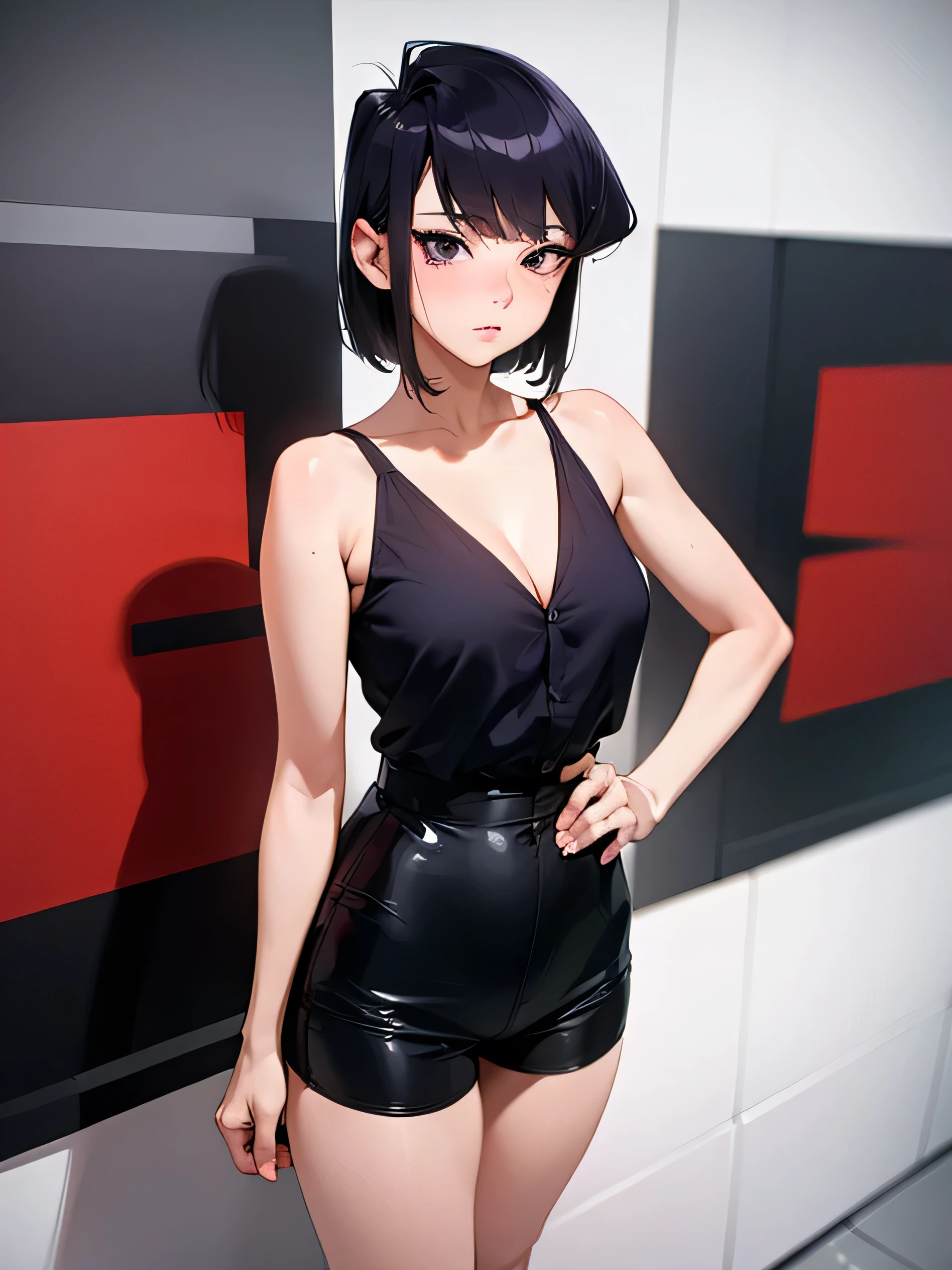 4K, masterpiece, 8 K, high quality, 最high quality, in the house, in the room, room background,Short black hair, Gathered in two tails,Iris,blunt bangs,freckles,very short,shorts, skin tight shorts, camel's foot,embarrassing,barefoot,very small ass,Very thin hips,Small photo frame,flat chest,short denim shorts,Open flight,Tsundere,printed t-shirt,Navel, Accurate and detailed beautiful female fingers,