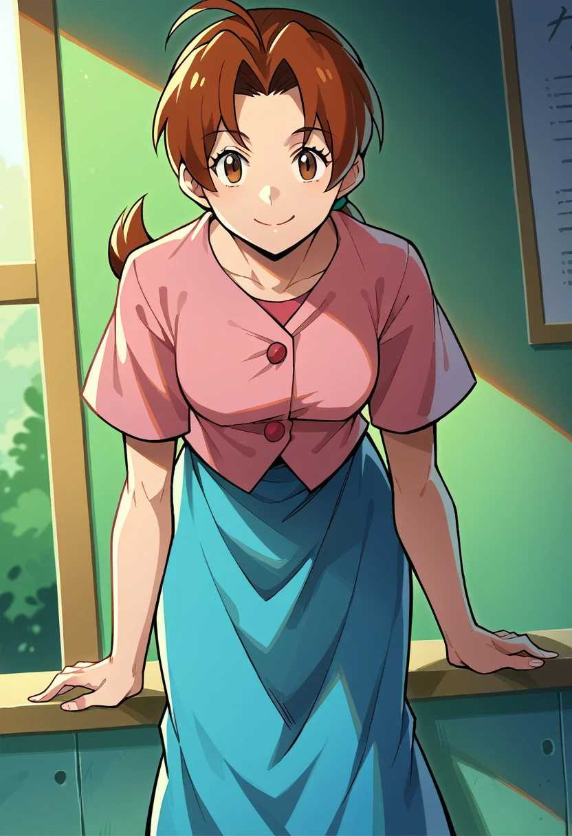 score_9, score_8_up, score_7_up, source_anime,
deliaketchum, deliaketchum, brown hair, brown eyes, parted bangs, ahoge, ponytail, low ponytail,
shirt, pink shirt, short sleeves, skirt, blue skirt, long skirt,
indoors, bent over, smile,
looking at viewer, cowboy shot, dutch angle,