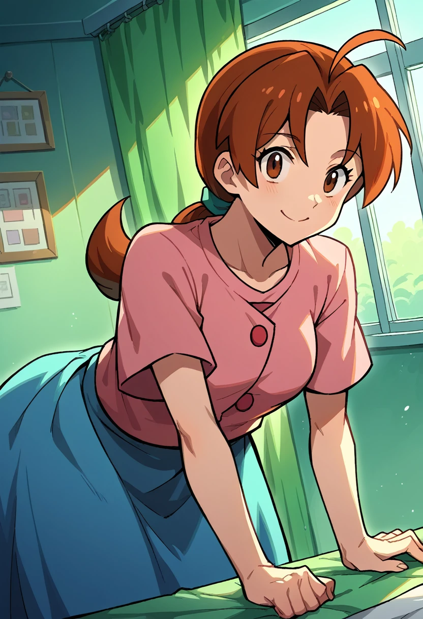 score_9, score_8_up, score_7_up, source_anime,
deliaketchum, deliaketchum, brown hair, brown eyes, parted bangs, ahoge, ponytail, low ponytail,
shirt, pink shirt, short sleeves, skirt, blue skirt, long skirt,
indoors, bent over, smile,
looking at viewer, cowboy shot, dutch angle,