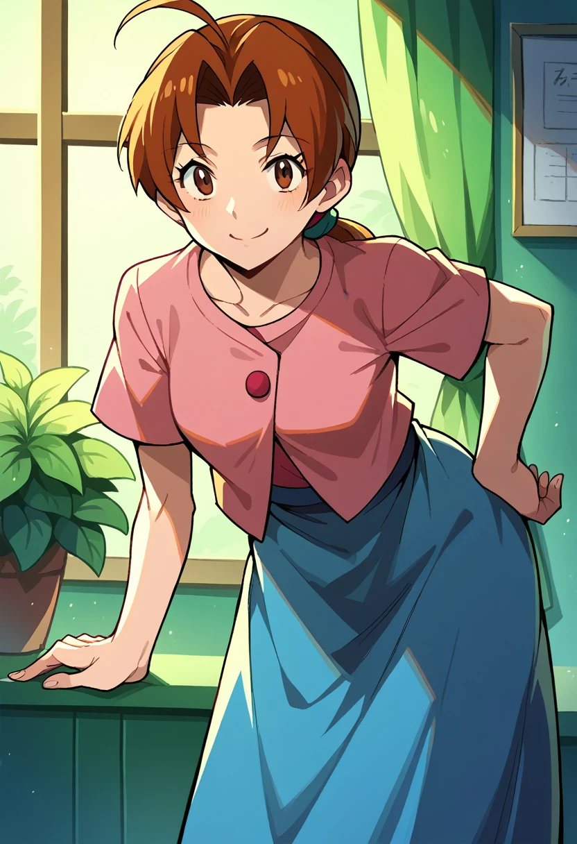 score_9, score_8_up, score_7_up, source_anime,
deliaketchum, deliaketchum, brown hair, brown eyes, parted bangs, ahoge, ponytail, low ponytail,
shirt, pink shirt, short sleeves, skirt, blue skirt, long skirt,
indoors, bent over, smile,
looking at viewer, cowboy shot, dutch angle,